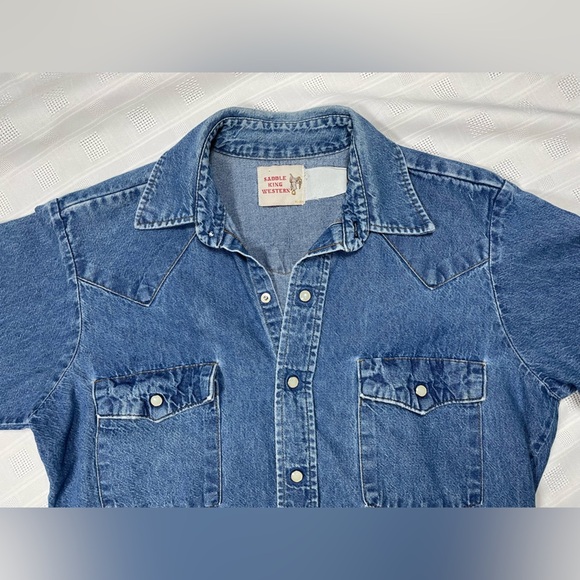 Vintage Saddle King Western Denim Shirt – Pearl Snap, Long Sleeve - Picture 3 of 16